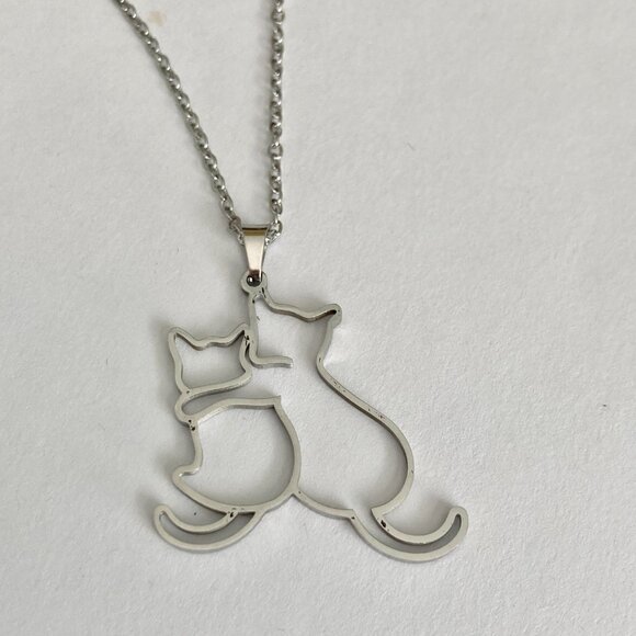 Two Cats Charm Pendant Necklace 17-19" Chain Stainless Steel Cat Lady Silhouette - Picture 5 of 8